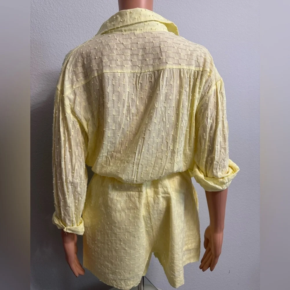 Yellow Sheer Textured Button-Up Shirt and Shorts Swim Cover Set